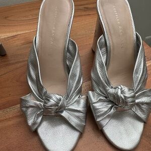 LOEFFLER RANDALL Coco Knotted Metallic Leather Mules silver size 6